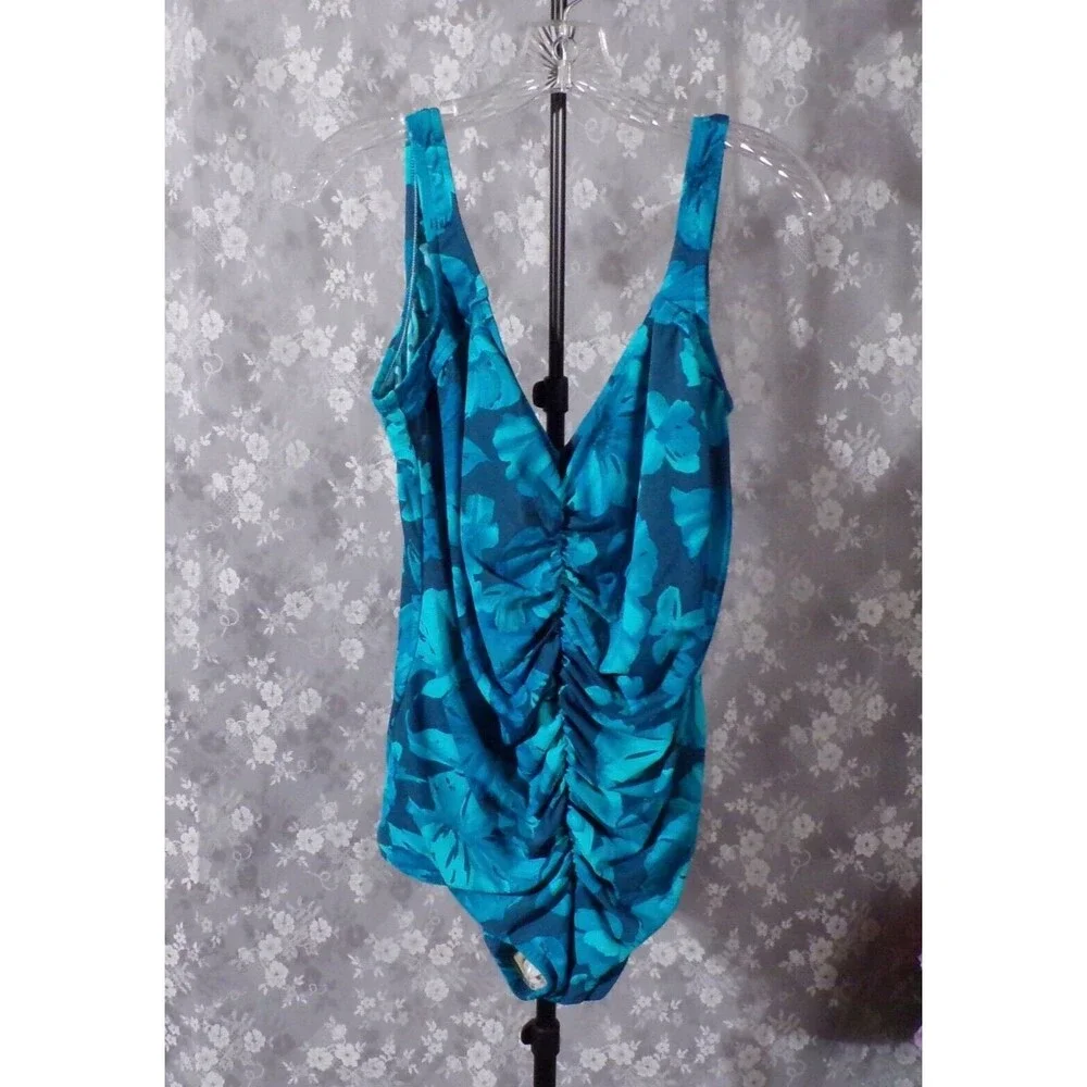 Vintage 80s Swimsuit 1980s Floral Ruched One Piece Pinup Retro Tropical Size XL